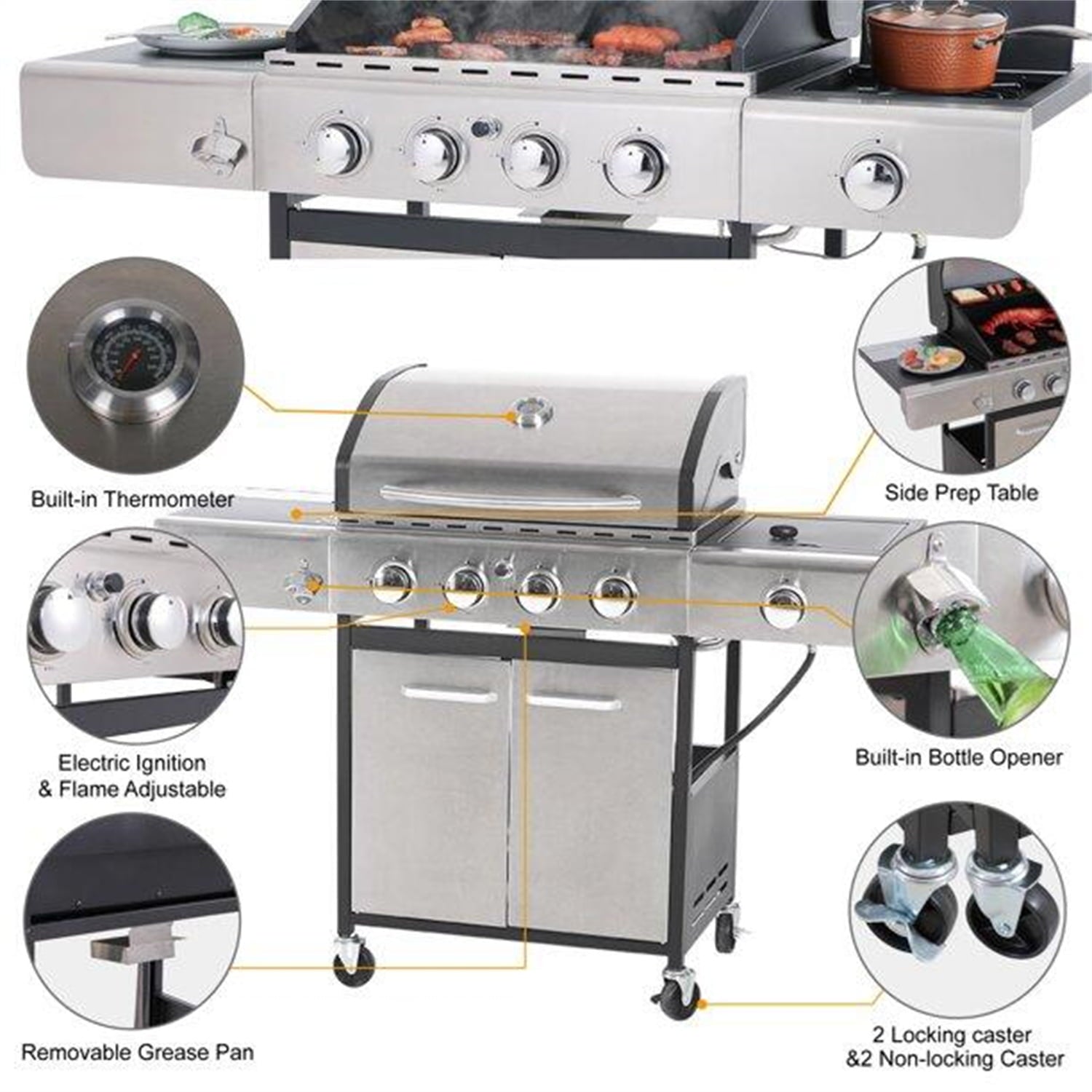 Stainless Steel 4 Burner Propane Gas Grill with Side Burner