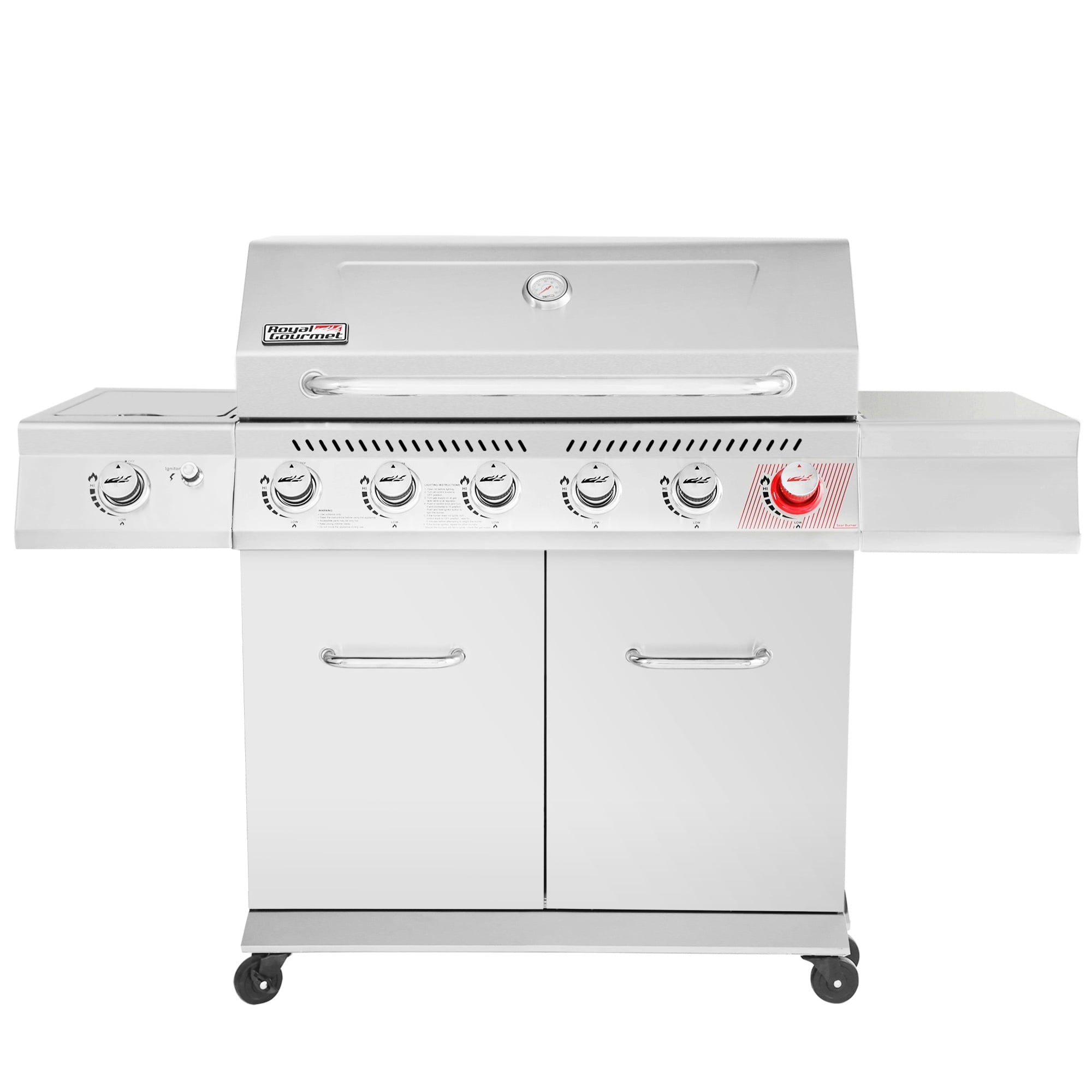 Gourmet GA6402S Stainless Steel Gas Grill. Premier 6-Burner BBQ Grill with Sear Burner and Side Burner. 74.000 BTU. Cabinet Style. Outdoor Party Grill. Silver