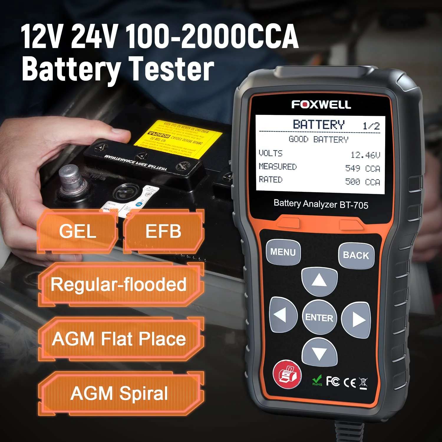 FOXWELL Car Battery Tester 12V 24V. 100-2000CCA