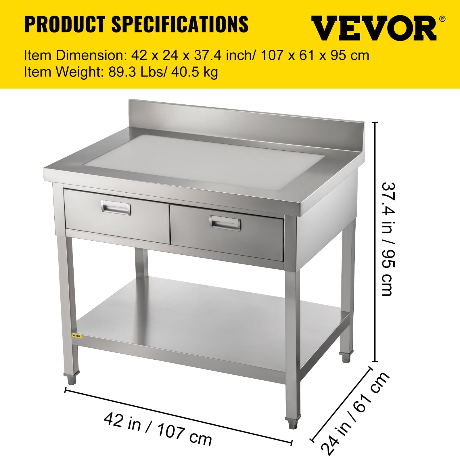 Commercial Work Table Workstation 24 x 42 Inches Commercial Food Prep Work Table with 2 Drawers. Undershelf and Backsplash. 992 lbs Load Stainless-Steel Kitchen Island for Restaurant. Home and Hotel