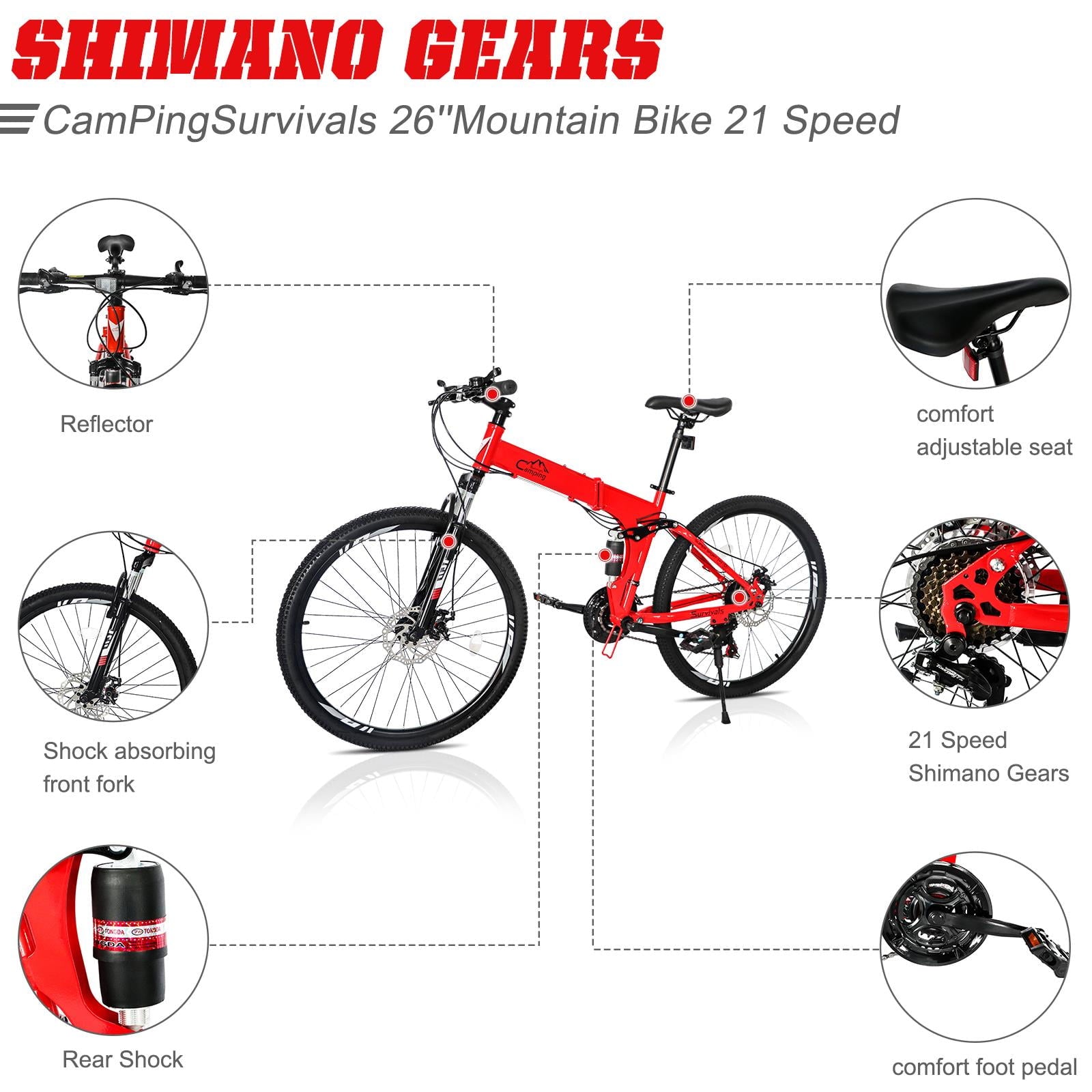 Folding Mountain Bike Shimano 21-Speed. with 26 inch Wheels. Red