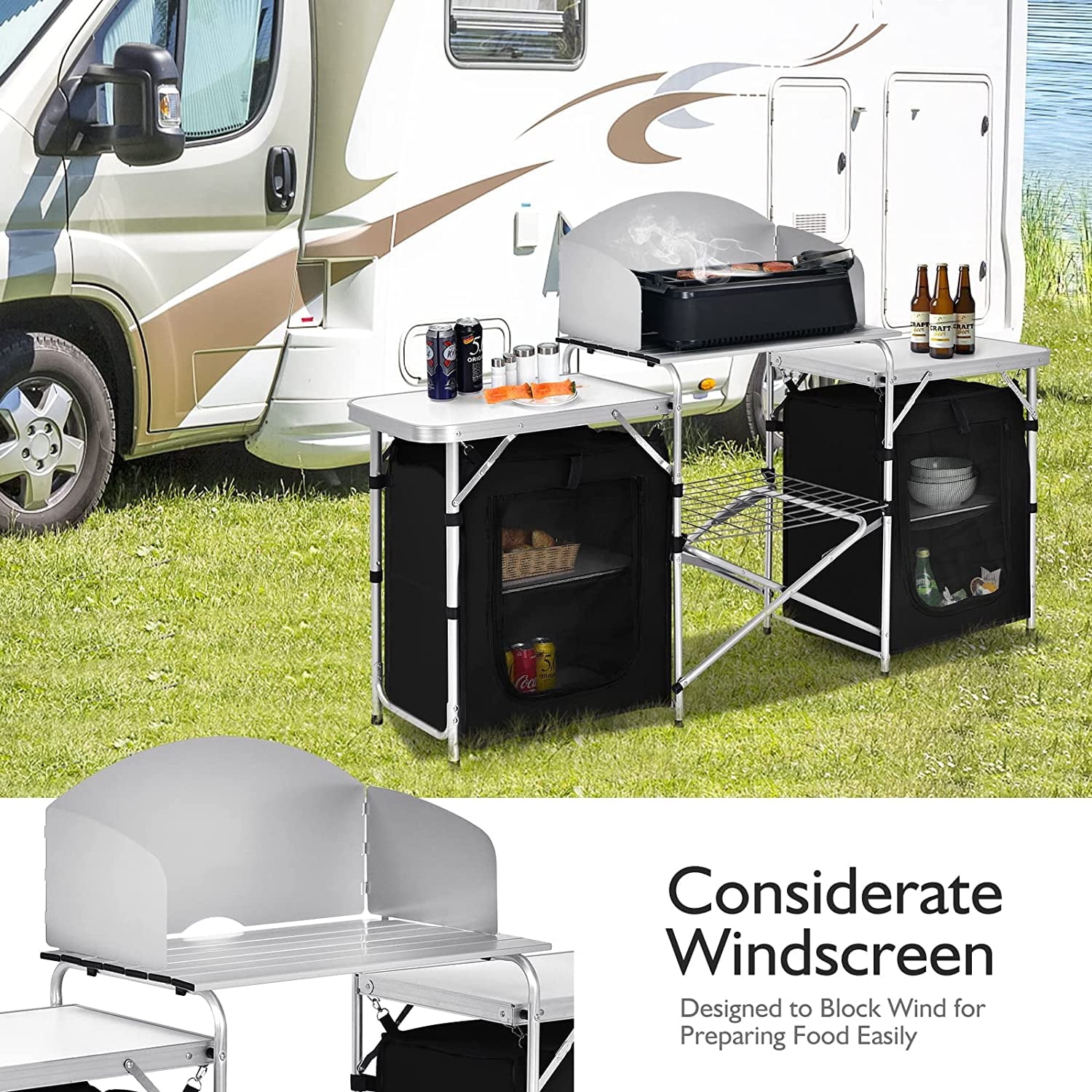 Camping Kitchen Table with Storage. Aluminum Portable Outdoor Cooking Table with Windscreen. Foldable Camp Table Cook Station for BBQ. Grill. Party. Picnics