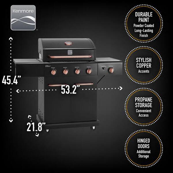 4-Burner Propane Gas Grill with Side Searing Burner in Black with Copper Accent