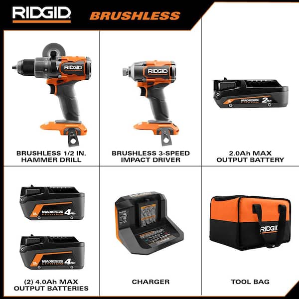 18V Brushless Cordless 2-Tool Combo Kit with Hammer Drill. Impact Driver. (3) Batteries. Charger. and Bag