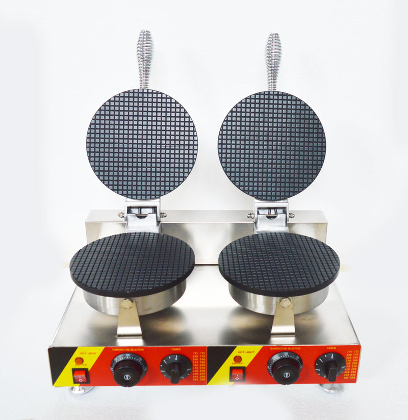 Electric Ice Cream Cone Maker Machine Double Station Baker for Round Cone Waffle Crispy Pancake Cooking