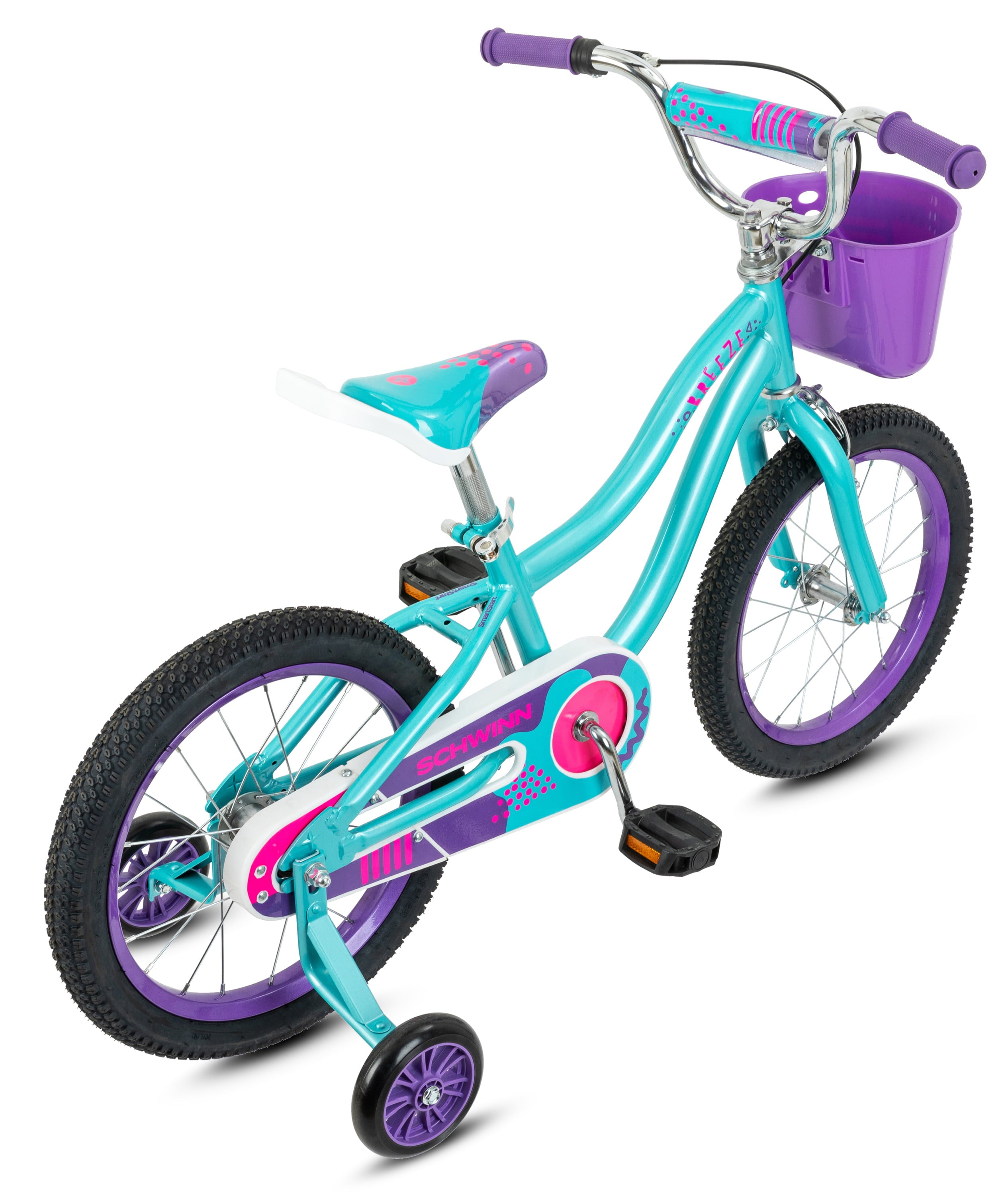16-in. Breeze Girls Kids Bike with Basket. Teal & Purple