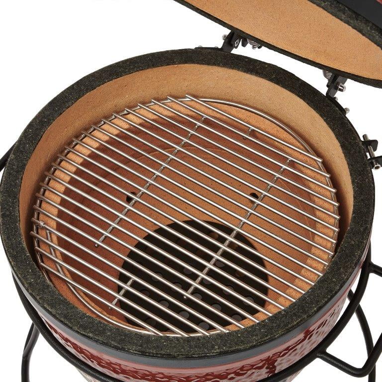 Jr. 13.5 in. Portable Charcoal Grill in Red with Cast Iron Cart. Heat Deflectors and Ash Tool