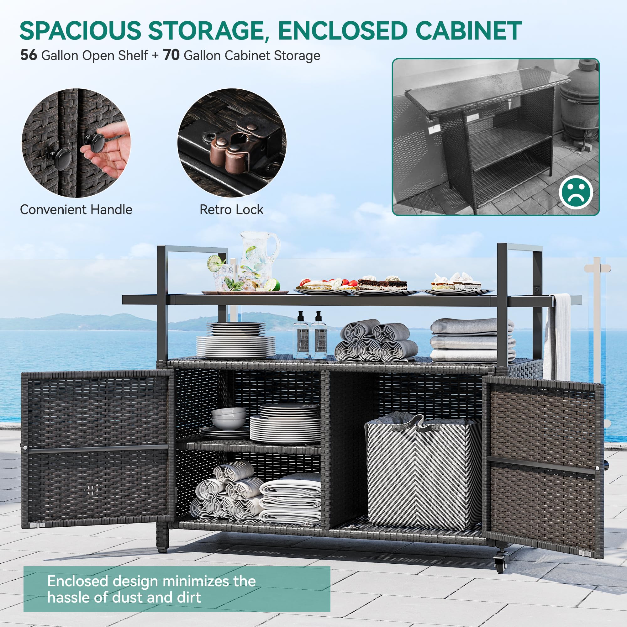 YITAHOME Large Portable Outdoor Wicker Bar Table