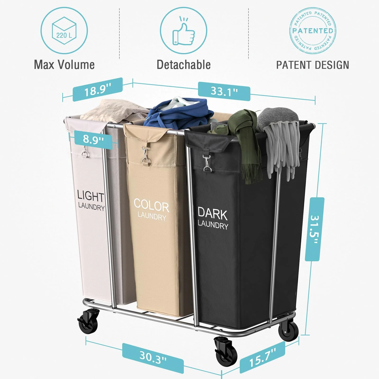 PLKOW Laundry Sorter 3 Section. 220L Large Laundry Cart