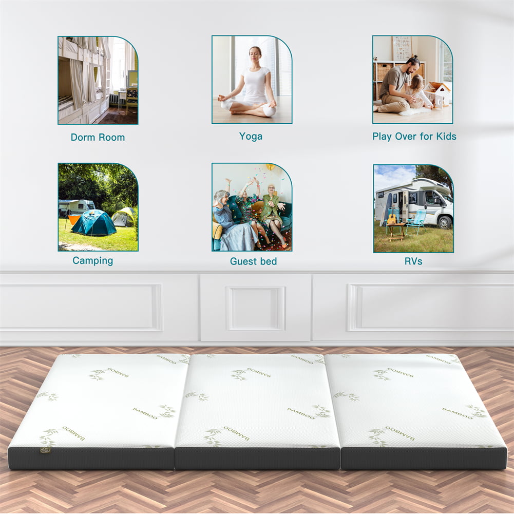 4 Inch Folding Mattress. Portable Trifold Gel Memory Foam Fold Mattresses. Guest Bed. Queen