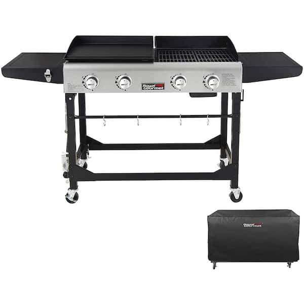4-Burners Portable Propane Gas Grill and Griddle Combo Grills in Black with Side Tables with Cover