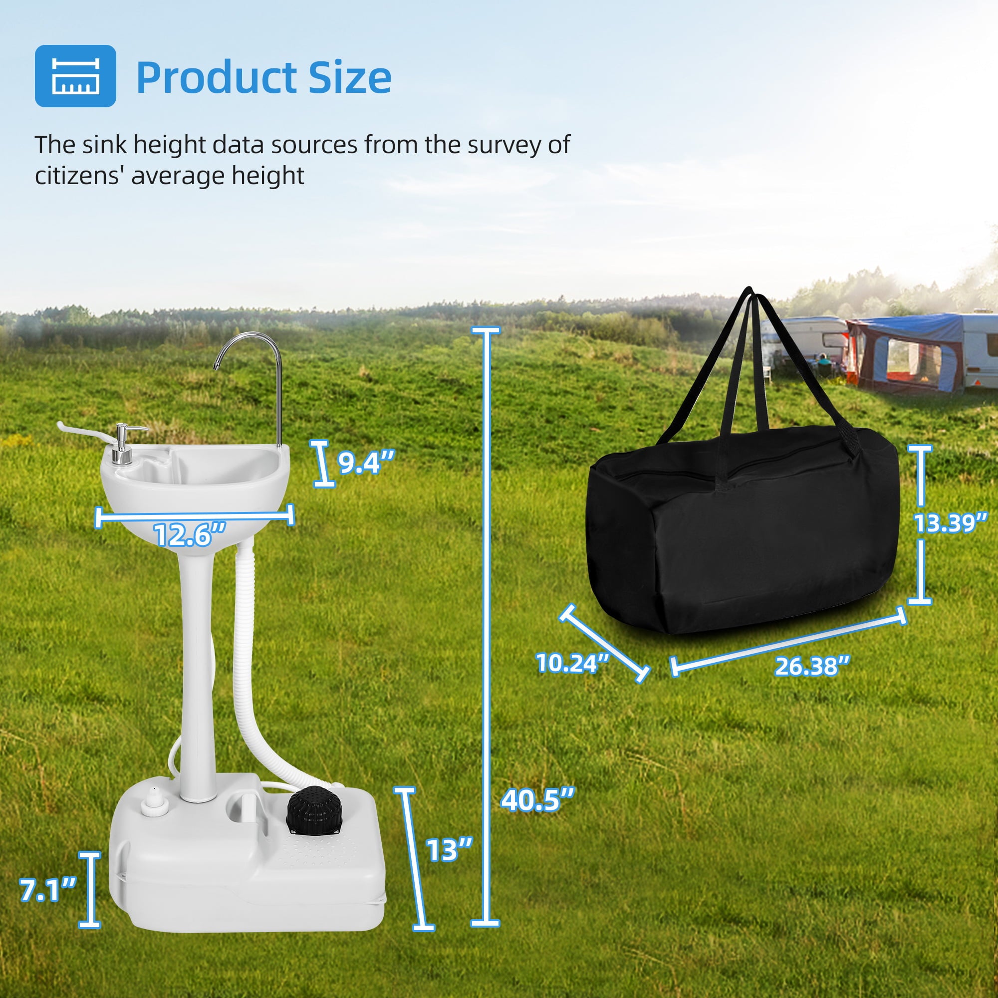 Portable Sink Camping Hand Washing Station with 17 L Wash Basin Stand. Rolling Wheels. Soap Dispenser. Towel Holder. for Outdoor. Travel. Boat. Gather. Garden. Worksite. White