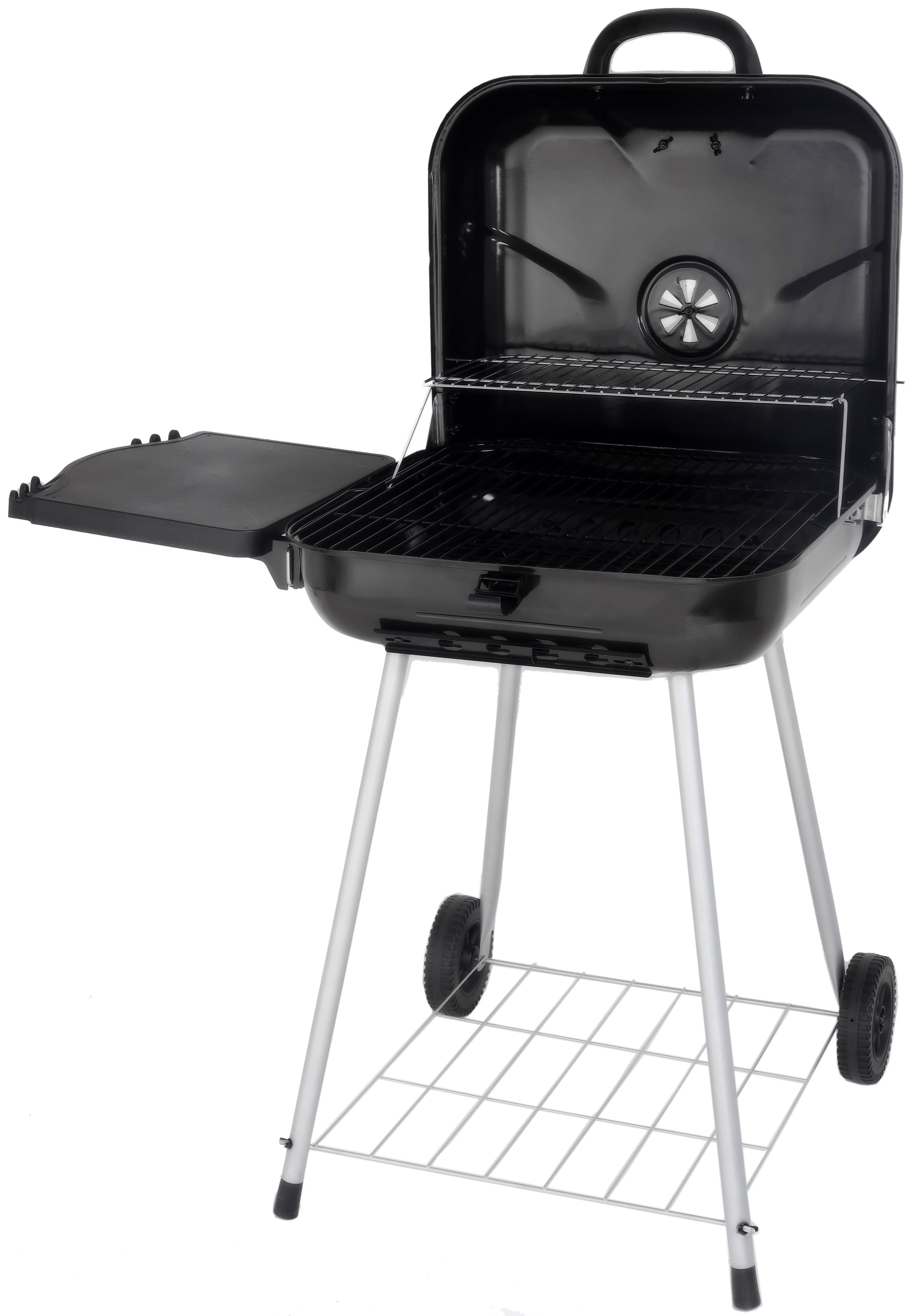 22 Square Charcoal Grill with Foldable Side Shelf. Black