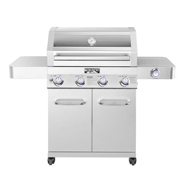 4-Burner Propane Gas Grill in Stainless with Clear View Lid. LED Controls and Side Burner