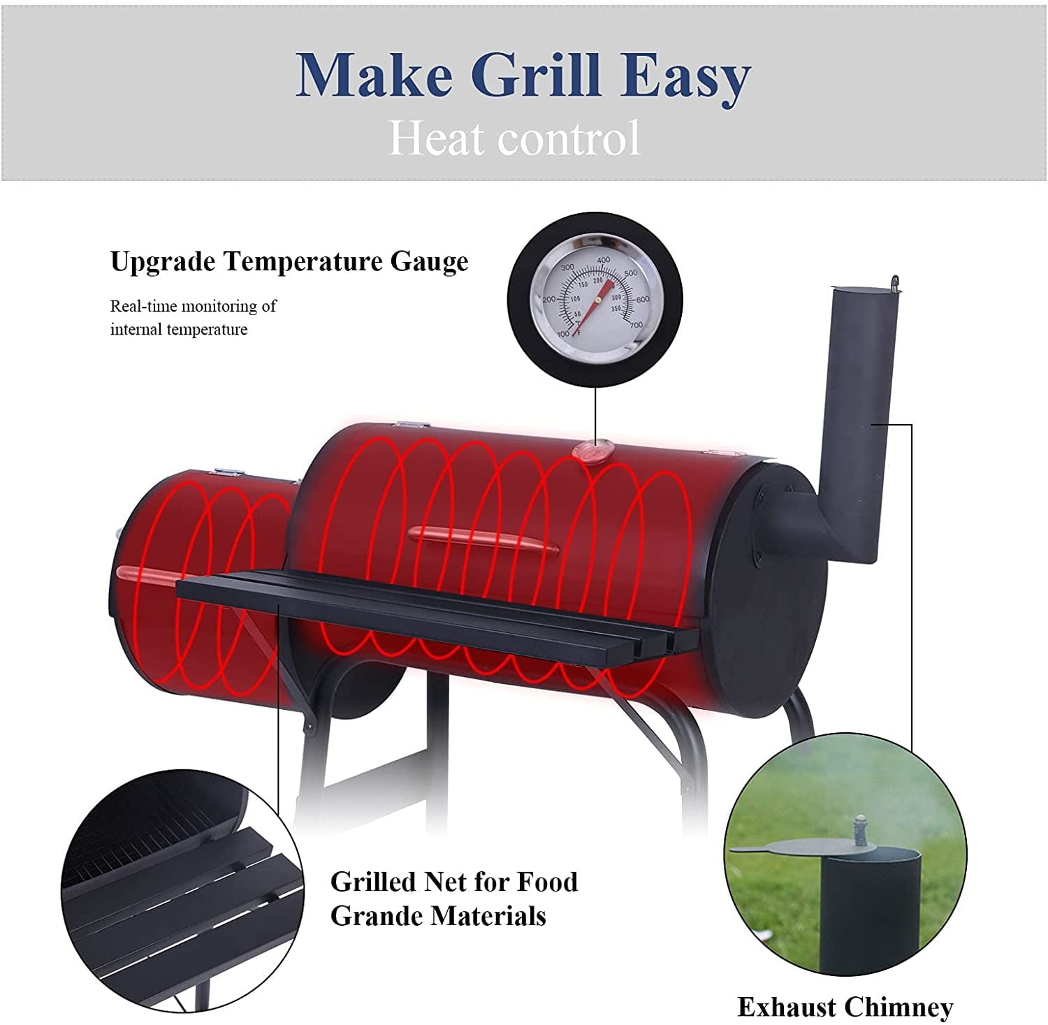 Outdoor Portable BBQ Charcoal Grill with Offset Smoker. Black
