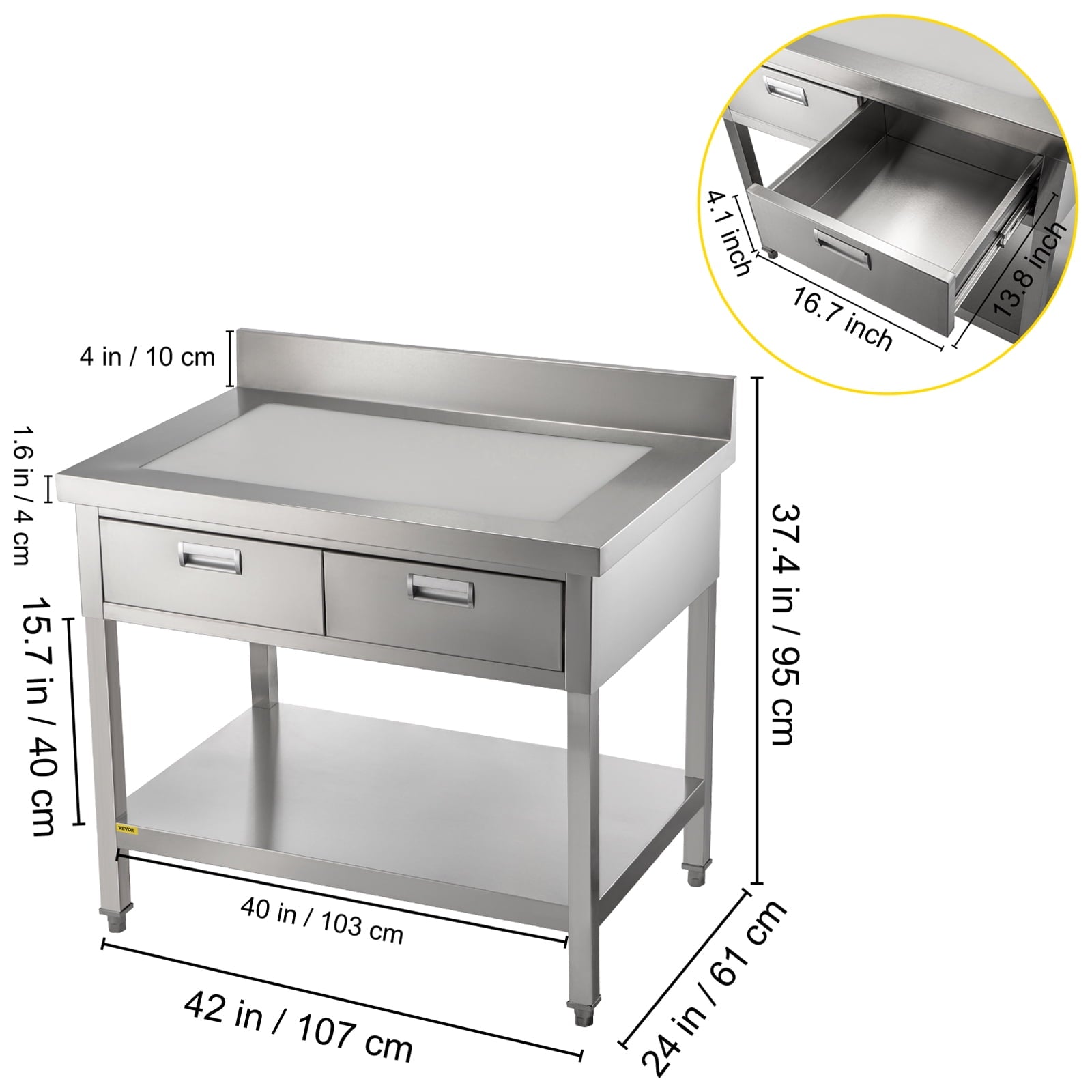 Commercial Work Table Workstation 24 x 42 Inches Commercial Food Prep Work Table with 2 Drawers. Undershelf and Backsplash. 992 lbs Load Stainless-Steel Kitchen Island for Restaurant. Home and Hotel