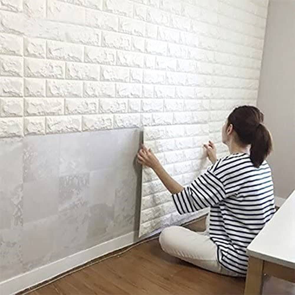 CHMING 10pcs 3D Brick Wall Stickers, PE Foam Self-Adhesive Wallpaper Removable and Waterproof Art Wall Tiles for Bedroom Living Room Background TV