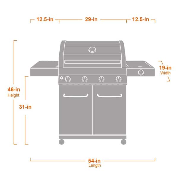 4-Burner Propane Gas Grill in Stainless with Clear View Lid. LED Controls and Side Burner