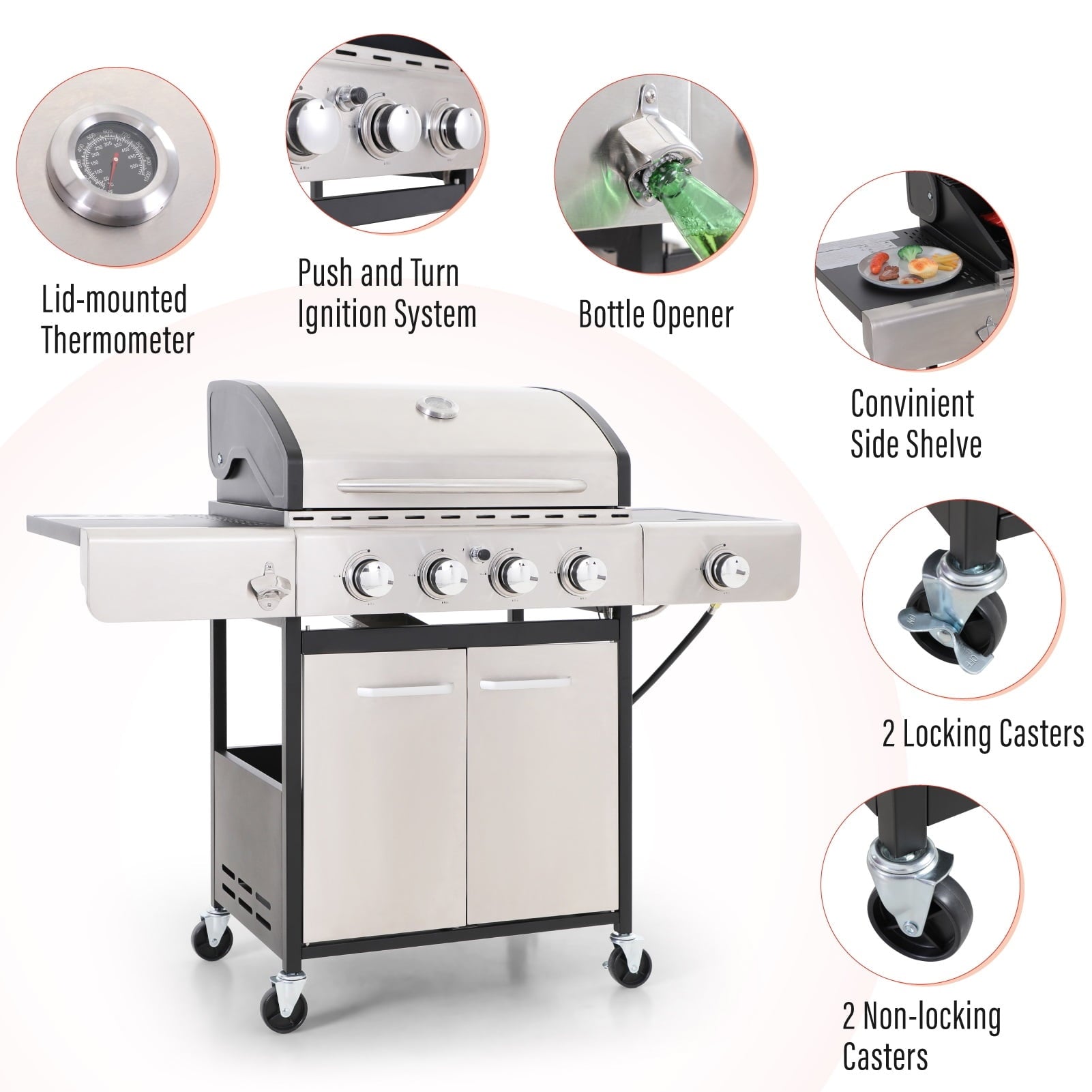 & William Stainless Steel Portable 4-Burner Propane Gas Grill with Side Burner
