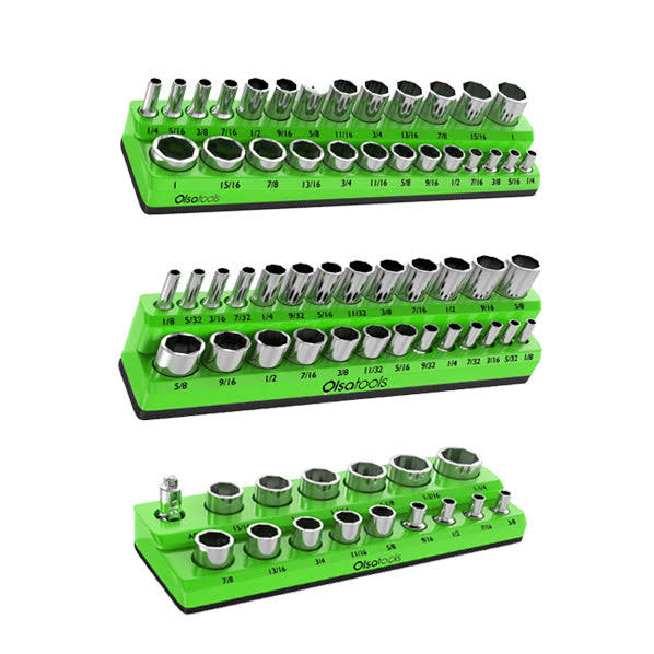 Olsa Tools Magnetic Socket Organizer | 3 Piece Socket Holder Kit | 1/2-Inch 3/8-Inch & 1/4-Inch Drive | SAE Green | Holds 68 Sockets | Professiona