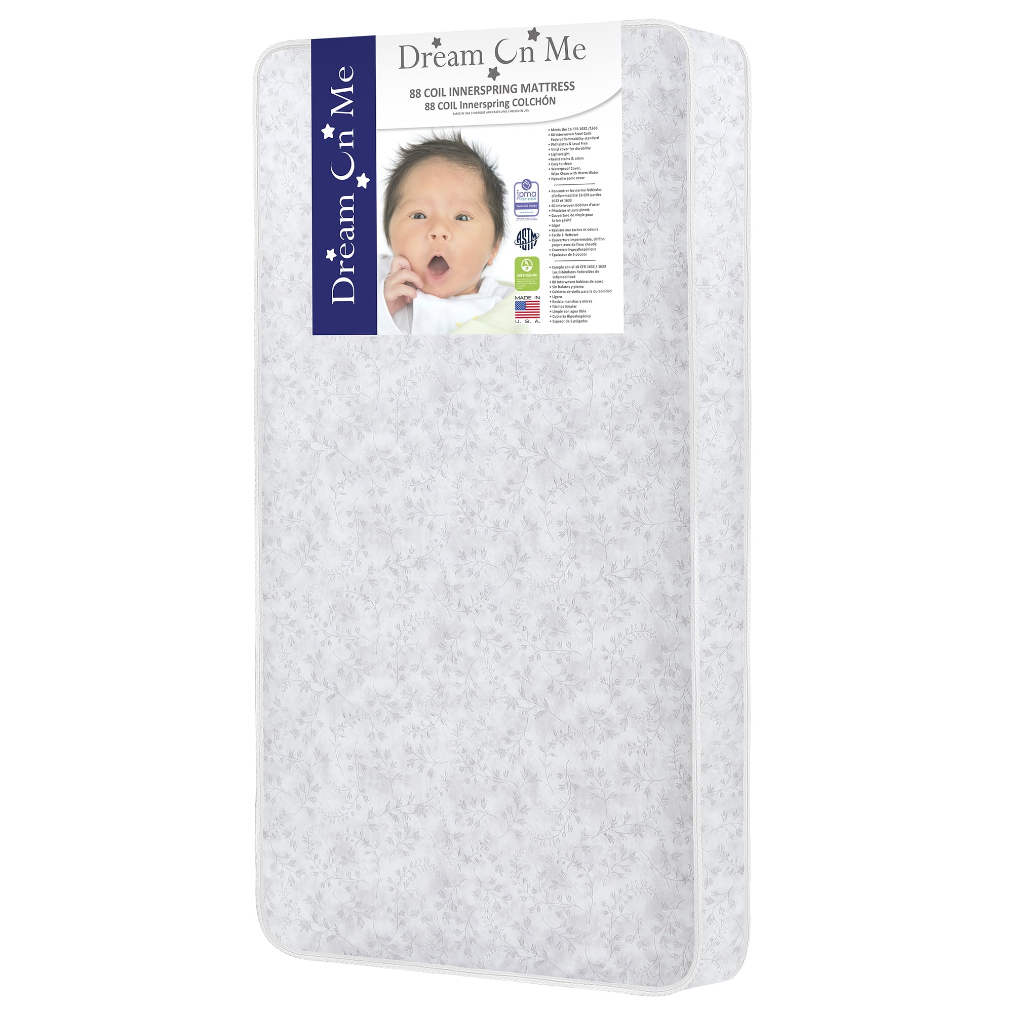 on Me Twinkle 5 88 Coil Crib and Toddler Mattress. Morning Mist Floral. Greenguard Gold Certified