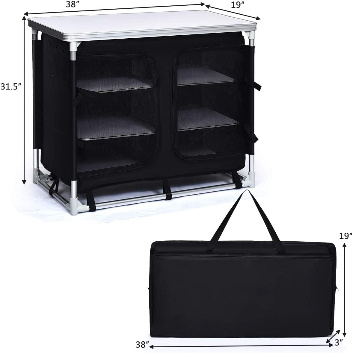 Cook Table Kitchen Station with Storage Organizer and Carrying Bag. for BBQ Party. Picnics. Backyards. Tailgating. Portable. Black