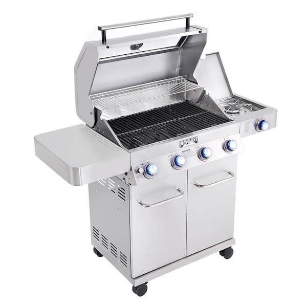4-Burner Propane Gas Grill in Stainless with Clear View Lid. LED Controls and Side Burner