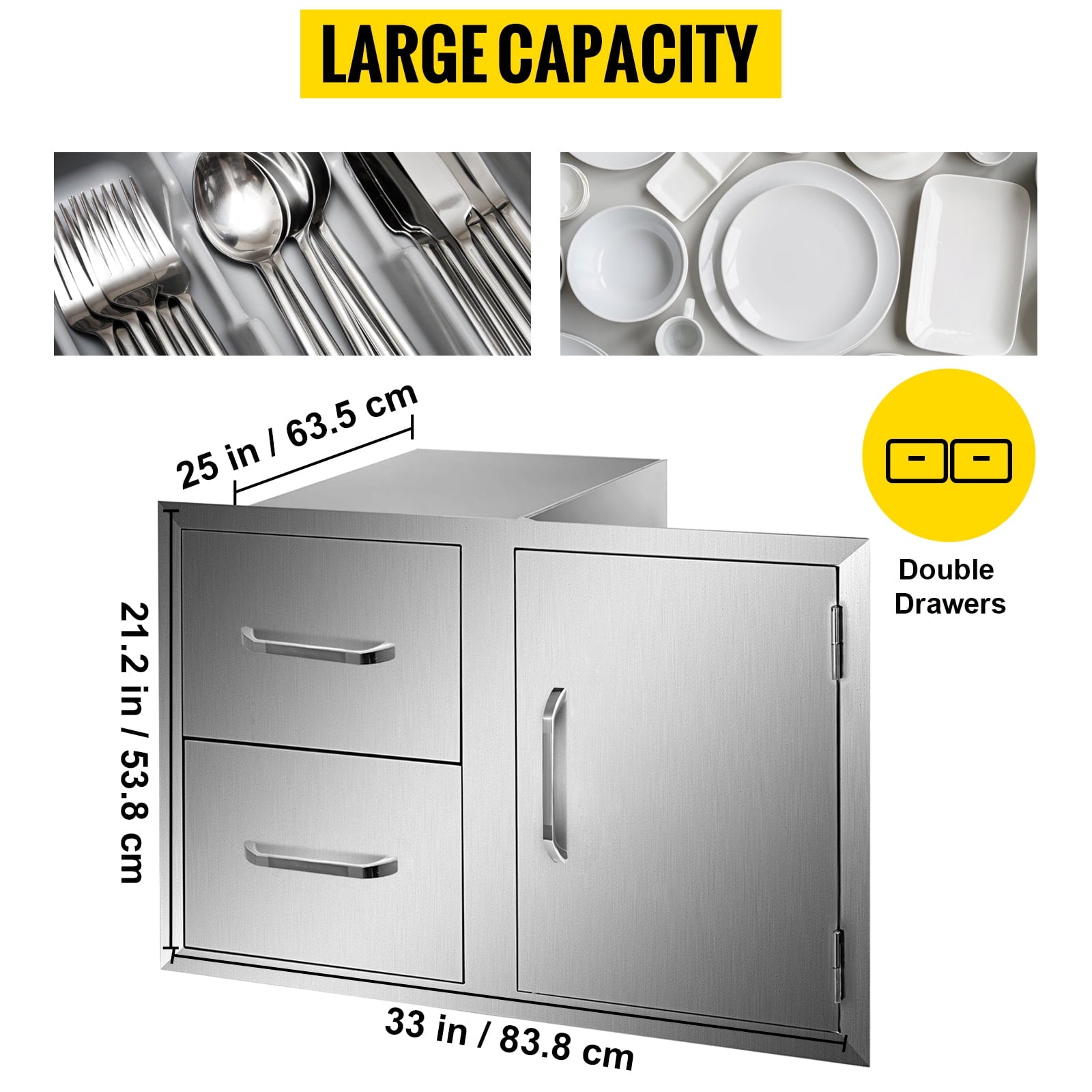 Outdoor Kitchen Door Drawer Combo 35.4 W x 23.6 H x 24.4''D. BBQ Access Door/Double Drawers Combo with Stainless Steel Handles. Perfect for Outdoor Kitchen or BBQ Island Patio Grill Station