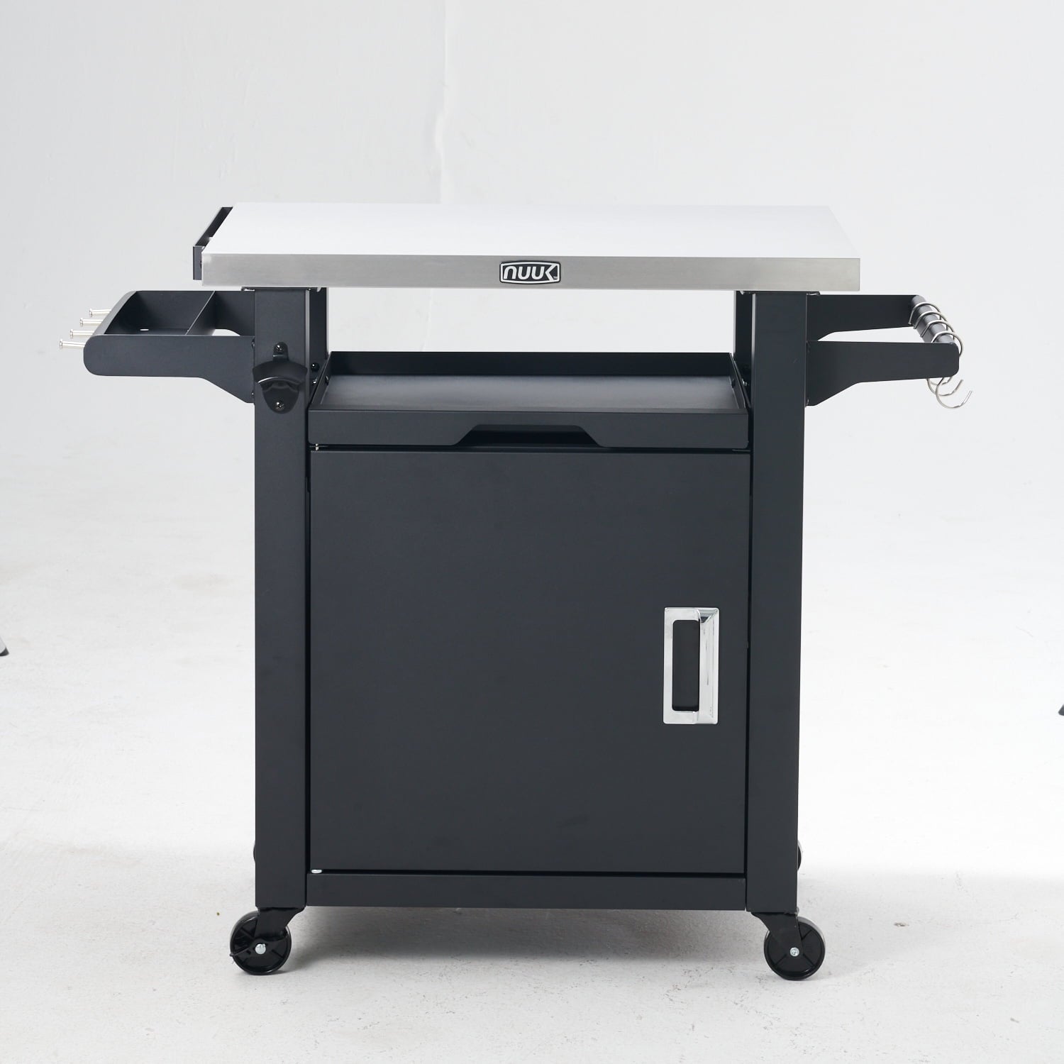 Deluxe 30IN Outdoor Rolling Grill Cook Station. Bar Table with Patio Storage Cabinet and Outdoor Dining Table. Black