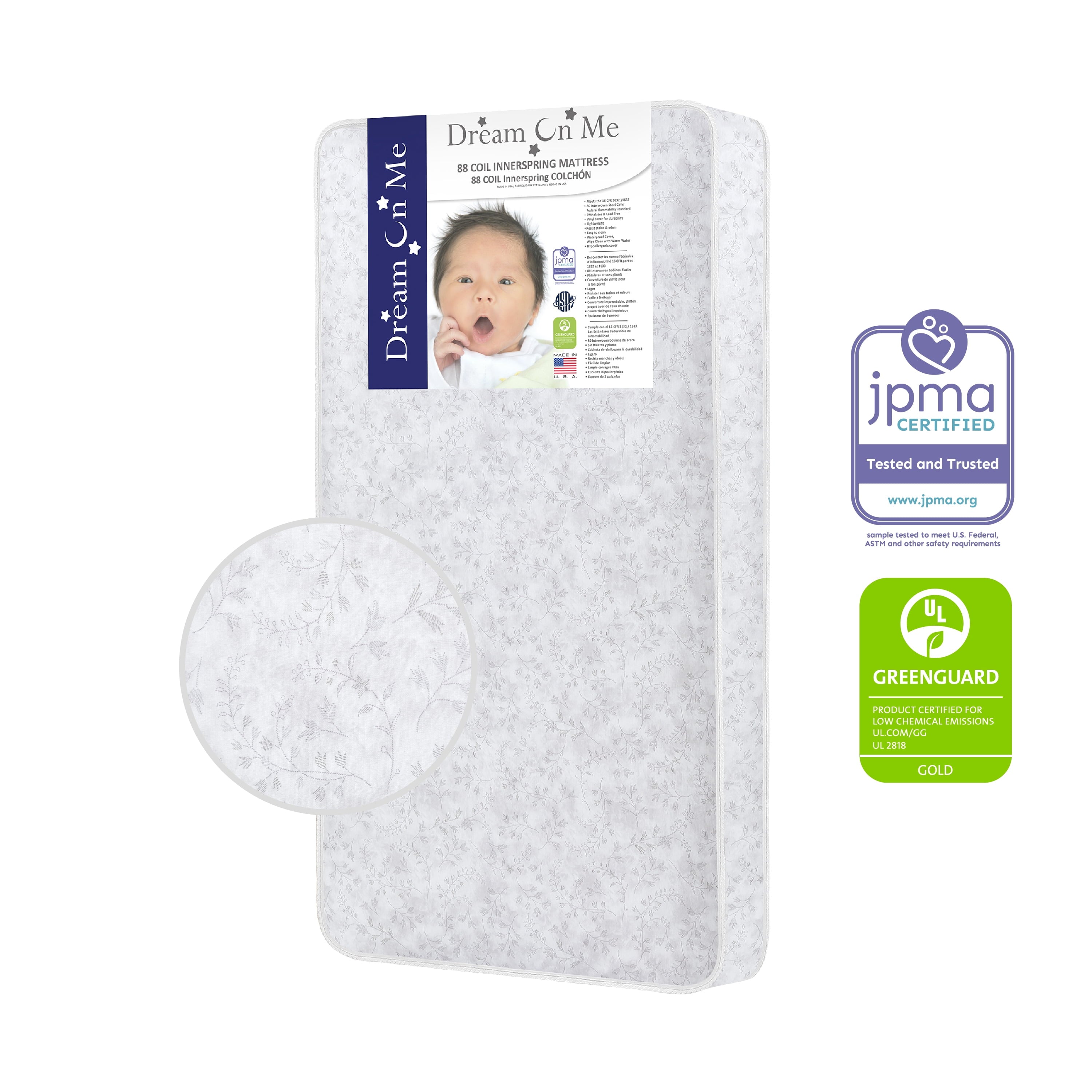 on Me Twinkle 5 88 Coil Crib and Toddler Mattress. Morning Mist Floral. Greenguard Gold Certified