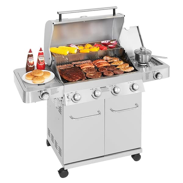 4-Burner Propane Gas Grill in Stainless with LED Controls. Side and Side Sear Burners