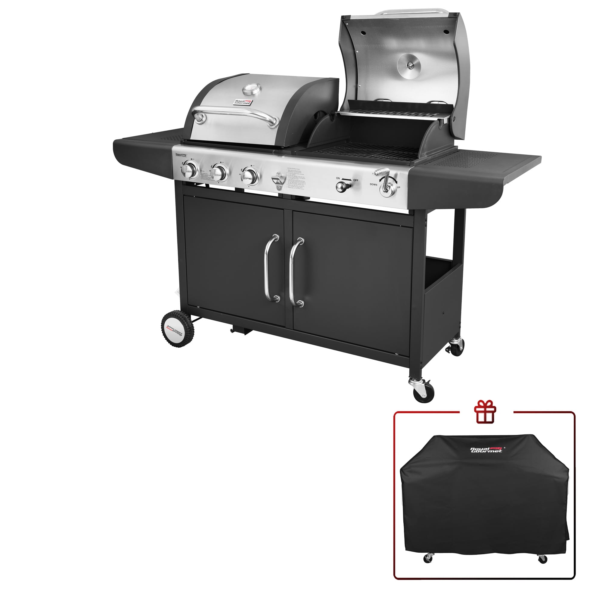 Gourmet ZH3002C 3-Burner 25.500-BTU Dual Fuel Cabinet Gas and Charcoal Grill Combo with Cover