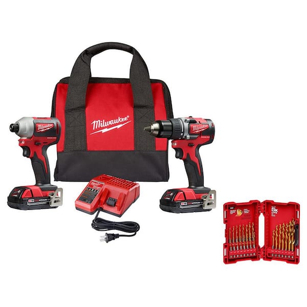 M18 18V Lithium-Ion Brushless Cordless Compact Drill/Impact Combo Kit (2-Tool) W/ Titanium Drill Bit Set