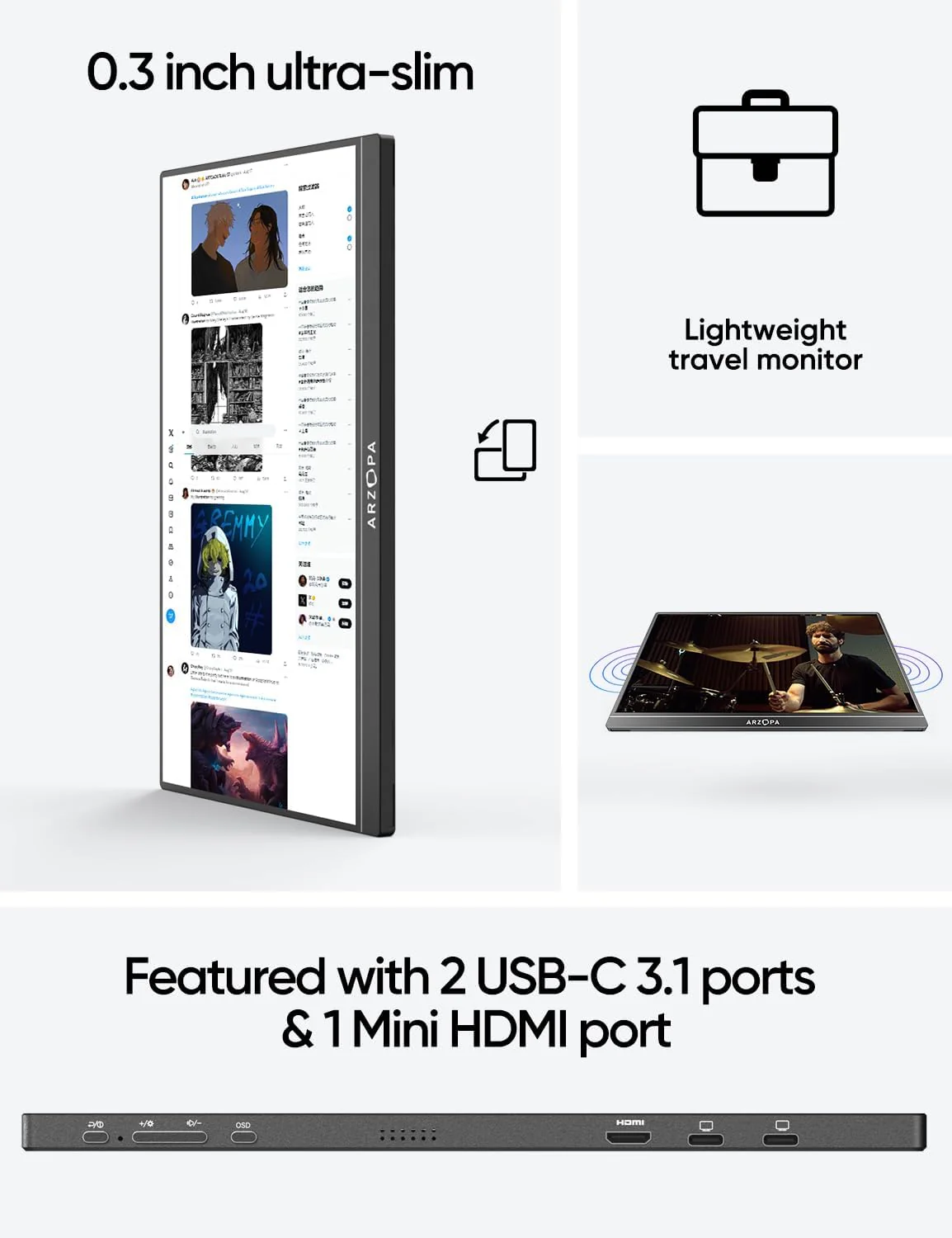 ARZOPA Portable Monitor. 15.6'' 1080P FHD Laptop Monitor