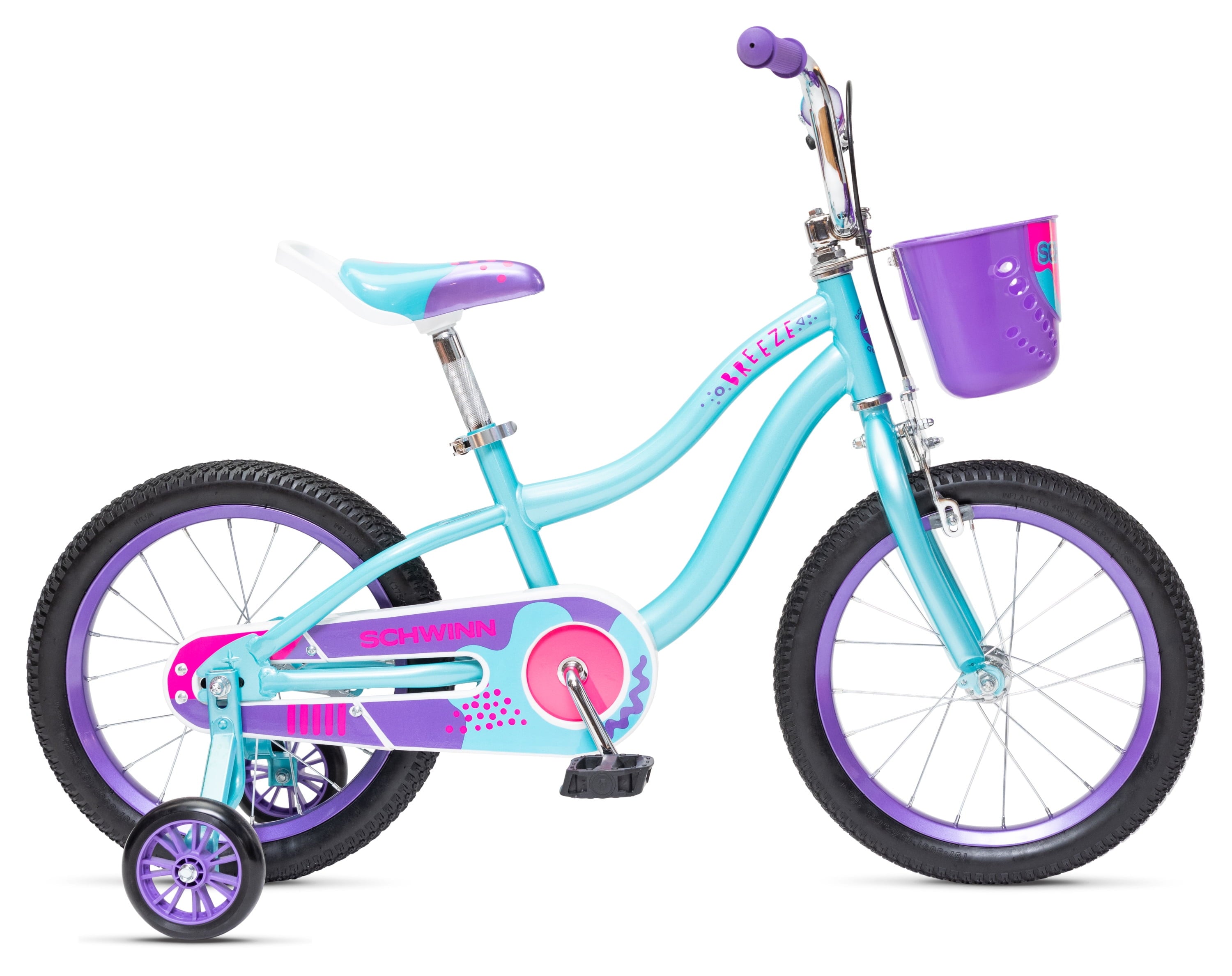 16-in. Breeze Girls Kids Bike with Basket. Teal & Purple