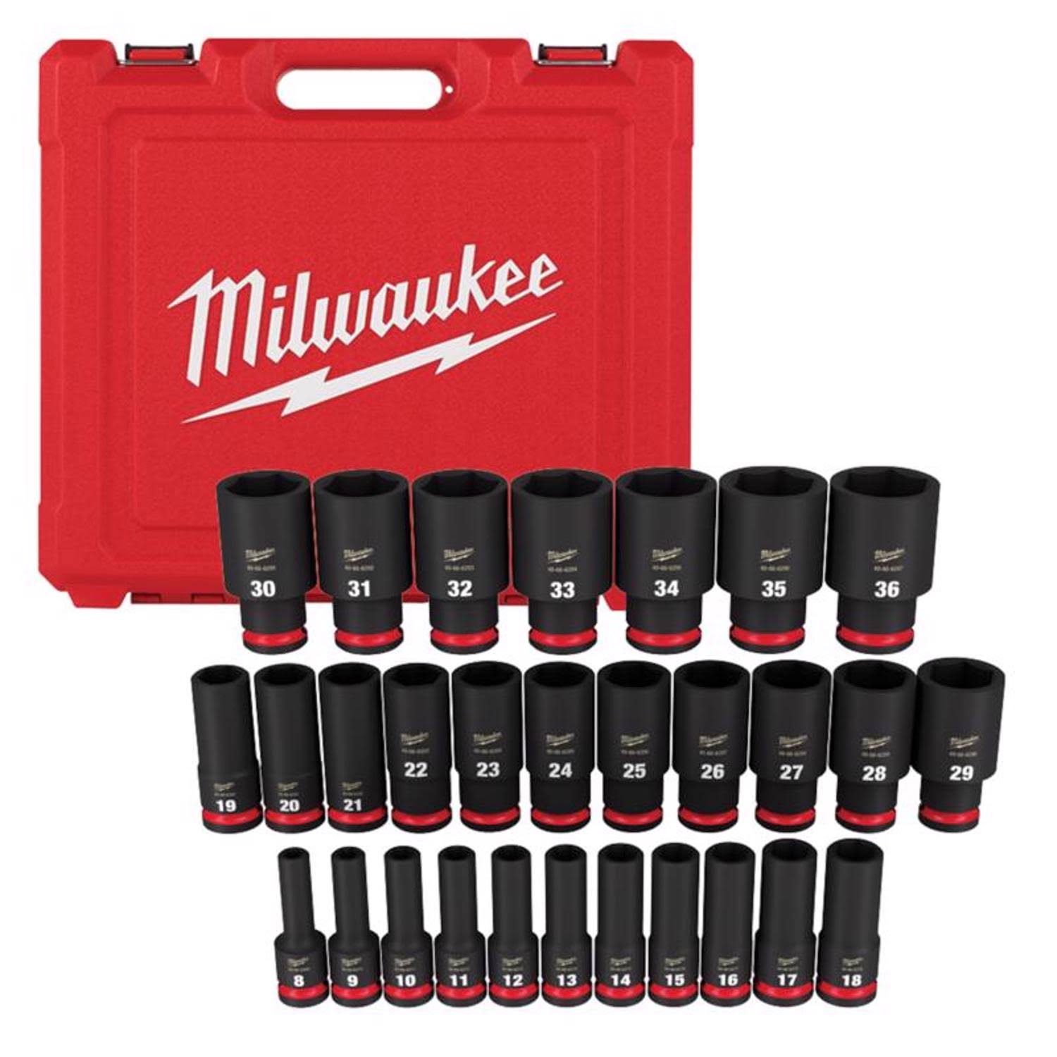 Milwaukee 49-66-7015 29 Piece 1/2 Drive Metric Deep 6 Point Shockwave Impact Socket Set