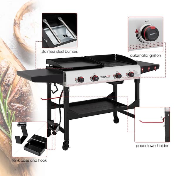 4-Burner 48.000 BTU Portable Flat Top Gas Grill and Griddle Combo Grill in Black with Folding Legs for Outdoor Cooking
