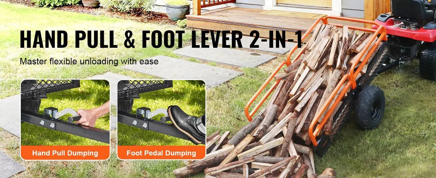 VEVOR Heavy Duty Steel ATV Dump Trailer. 1500-Pound Load Capacity 15 Cubic Feet. Tow Behind Dump Cart Garden Trailer. with Removable Sides and 2 - MadeInUSA