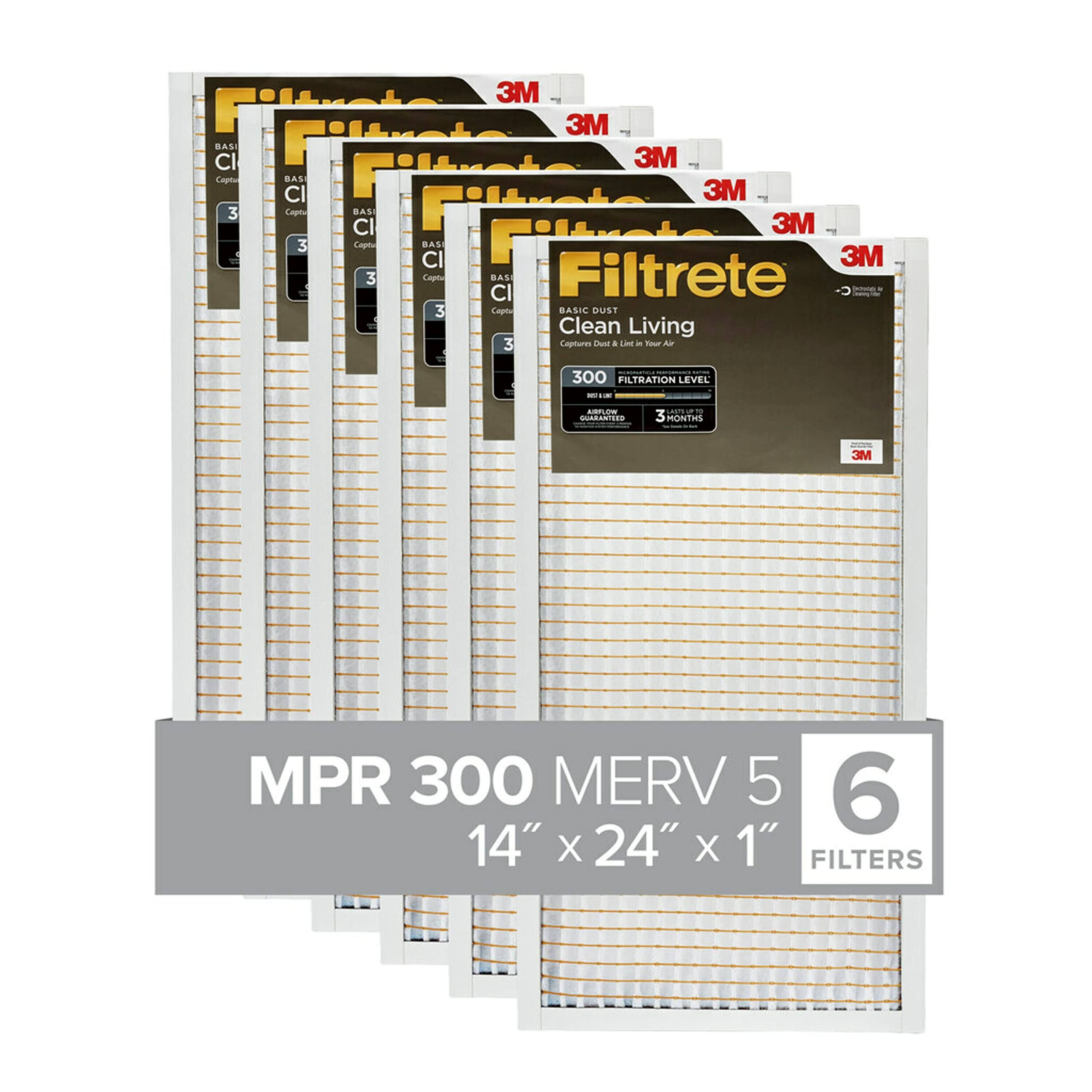 Filtrete 14x24x1 AC Furnace Air Filter MPR 300 Clean Living Basic Dust 6-Pack