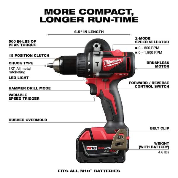 M18 18V Lithium-Ion Brushless Cordless Compact Hammer Drill/Impact Combo Kit (2-Tool) with (2) 4.0Ah Batteries. Bag