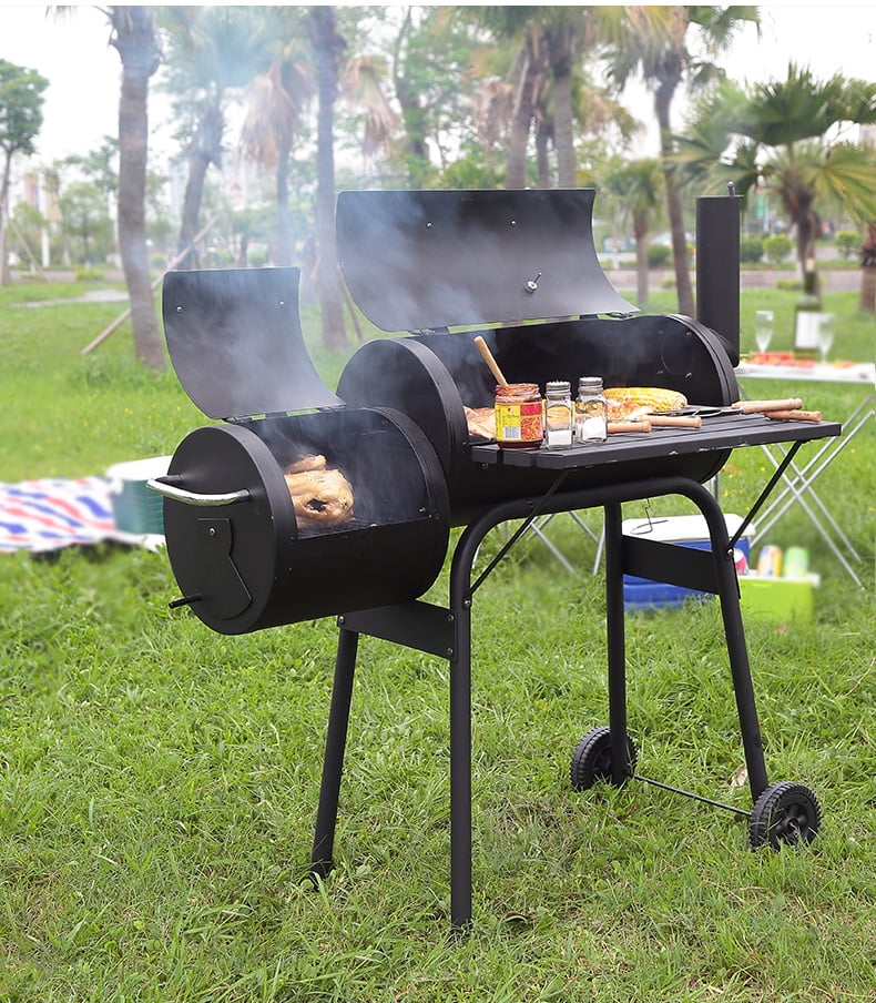 Outdoor Portable BBQ Charcoal Grill with Offset Smoker. Black