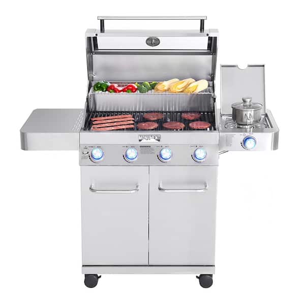 4-Burner Propane Gas Grill in Stainless with Clear View Lid. LED Controls and Side Burner