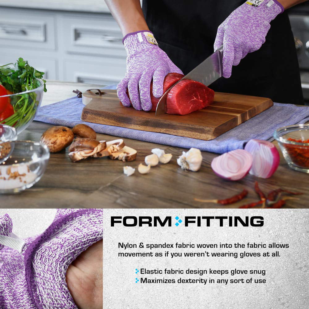 Station Ultra Durable Series Cut Resistant Gloves - Cutting Gloves for Chefs. BBQ and Cooking - Level 5 Protection; Food Grade Safe Cut Proof Gloves - Purple. Medium Size