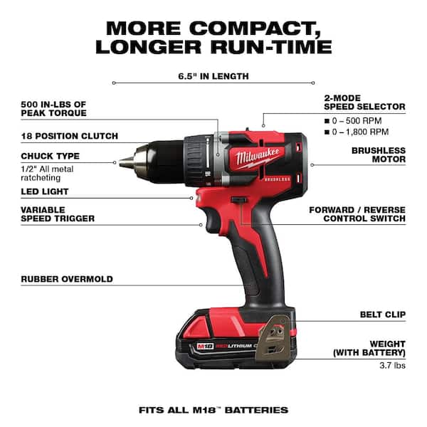 M18 18-Volt Lithium-Ion Brushless Cordless 1/2 in. Compact Drill/Driver with (1) 2.0 Ah Battery. Charger and Tool Bag