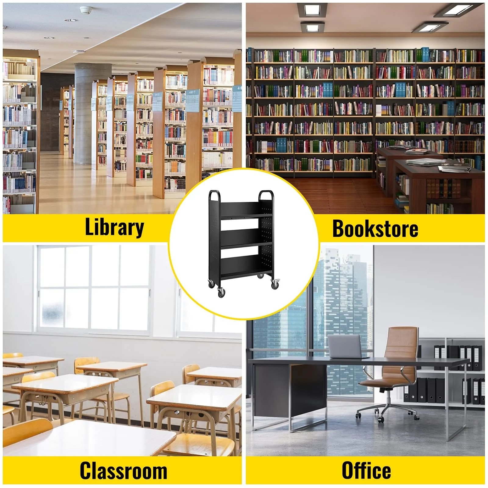 VEVOR Single Sided V-Shaped 30x14x49 Inch Rolling Book Cart