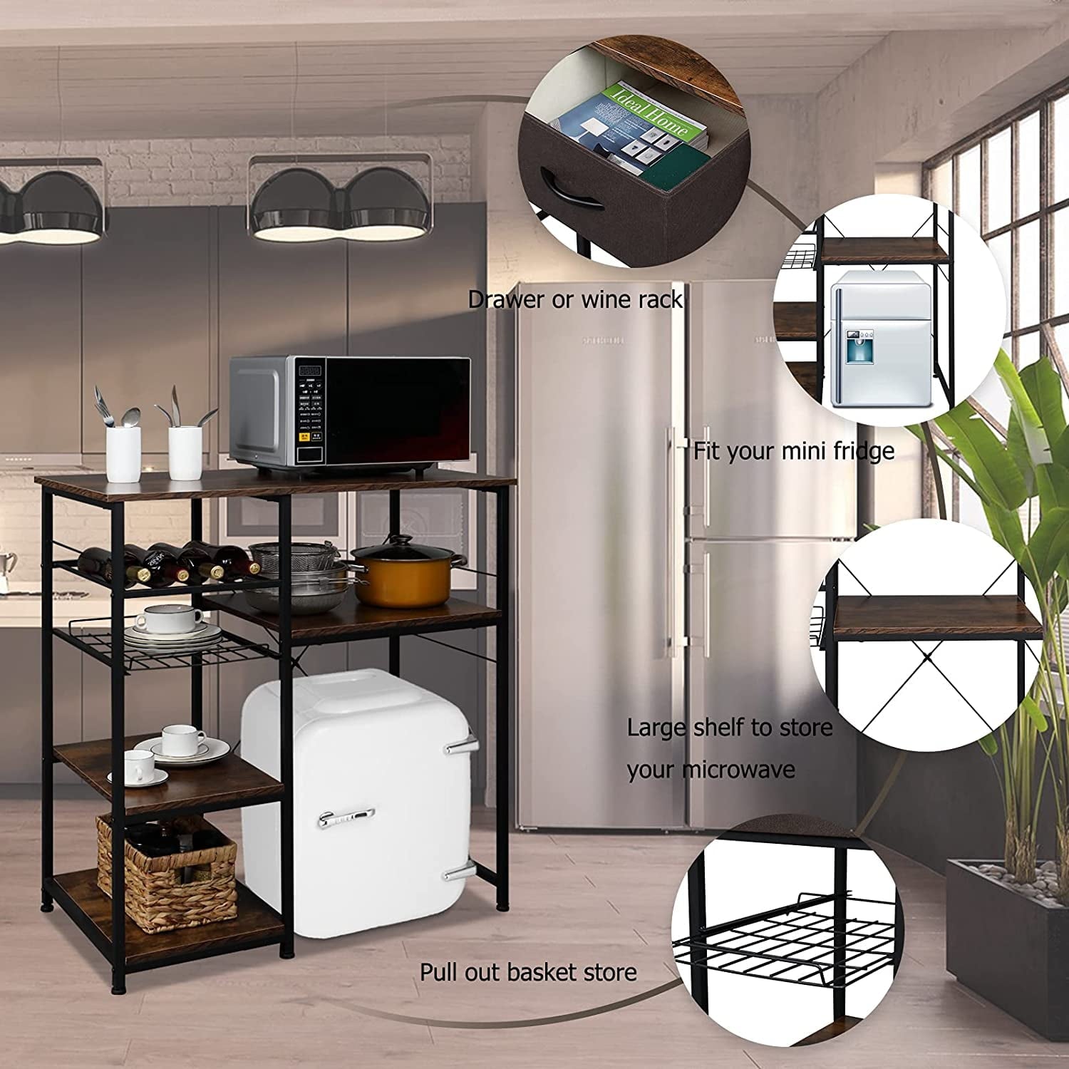 Microwave Stand 4-Tiers Kitchen Storage Fit Mini Fridge Baker��s Rack Shelving Utility Coffee Bar with Big Drawer Wine Rack Metal Frame Industrial Workstation Organizer Kitchen Decor