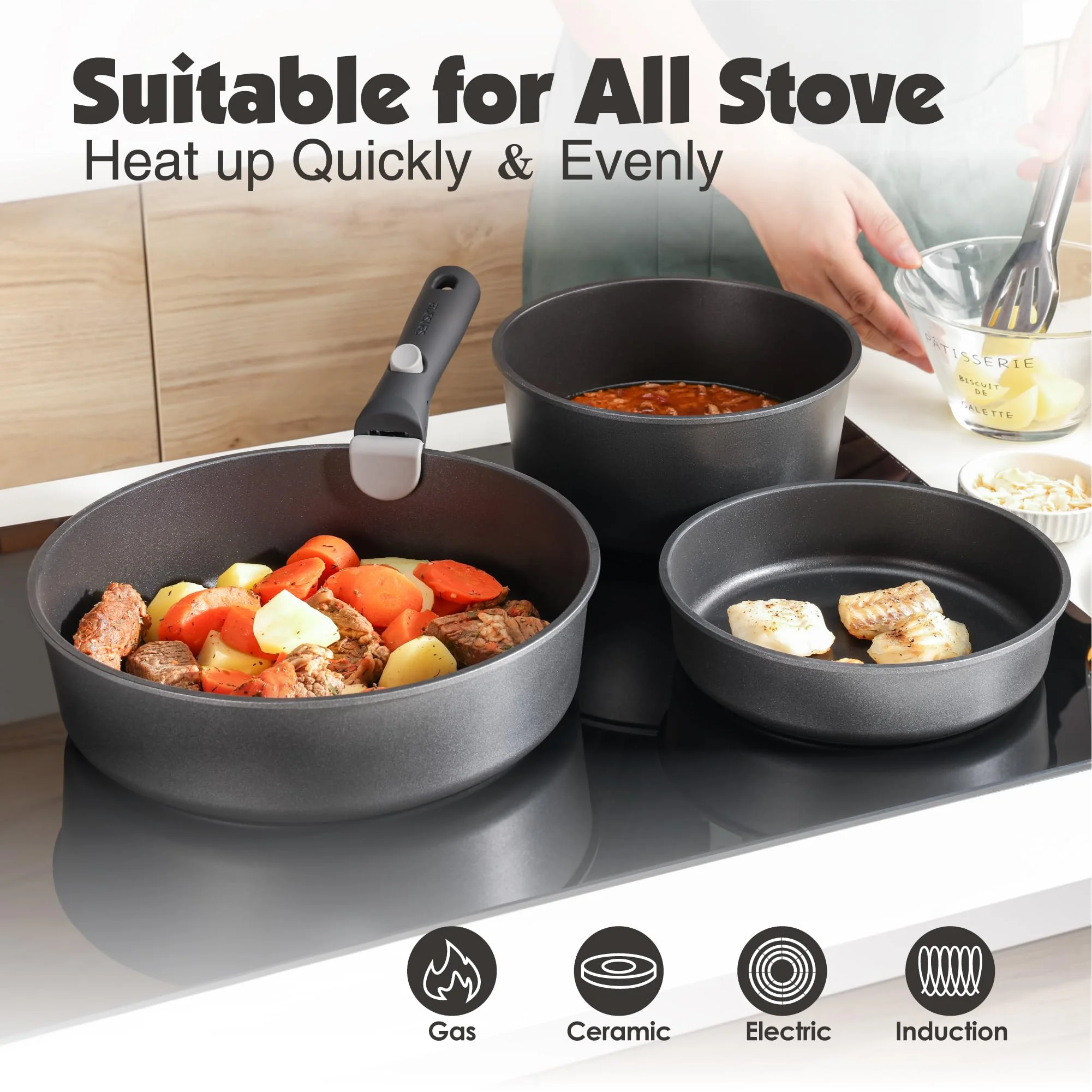 SENSARTE 17 Piece Pots and Pans Set. Detachable Handle Cookware