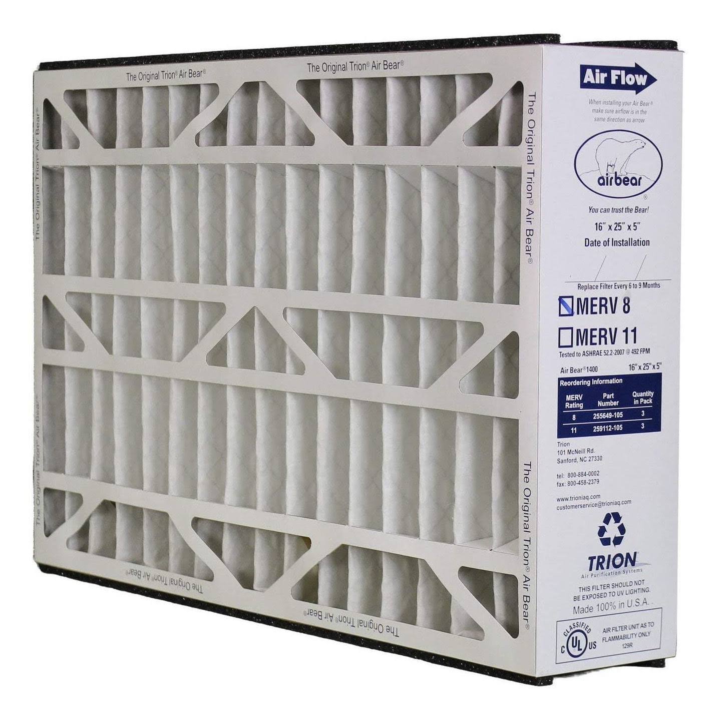Trion 255649-105 Air Bear 16 x 25 x 5 inch MERV 8 Air Purifier Filter (3 Pack)