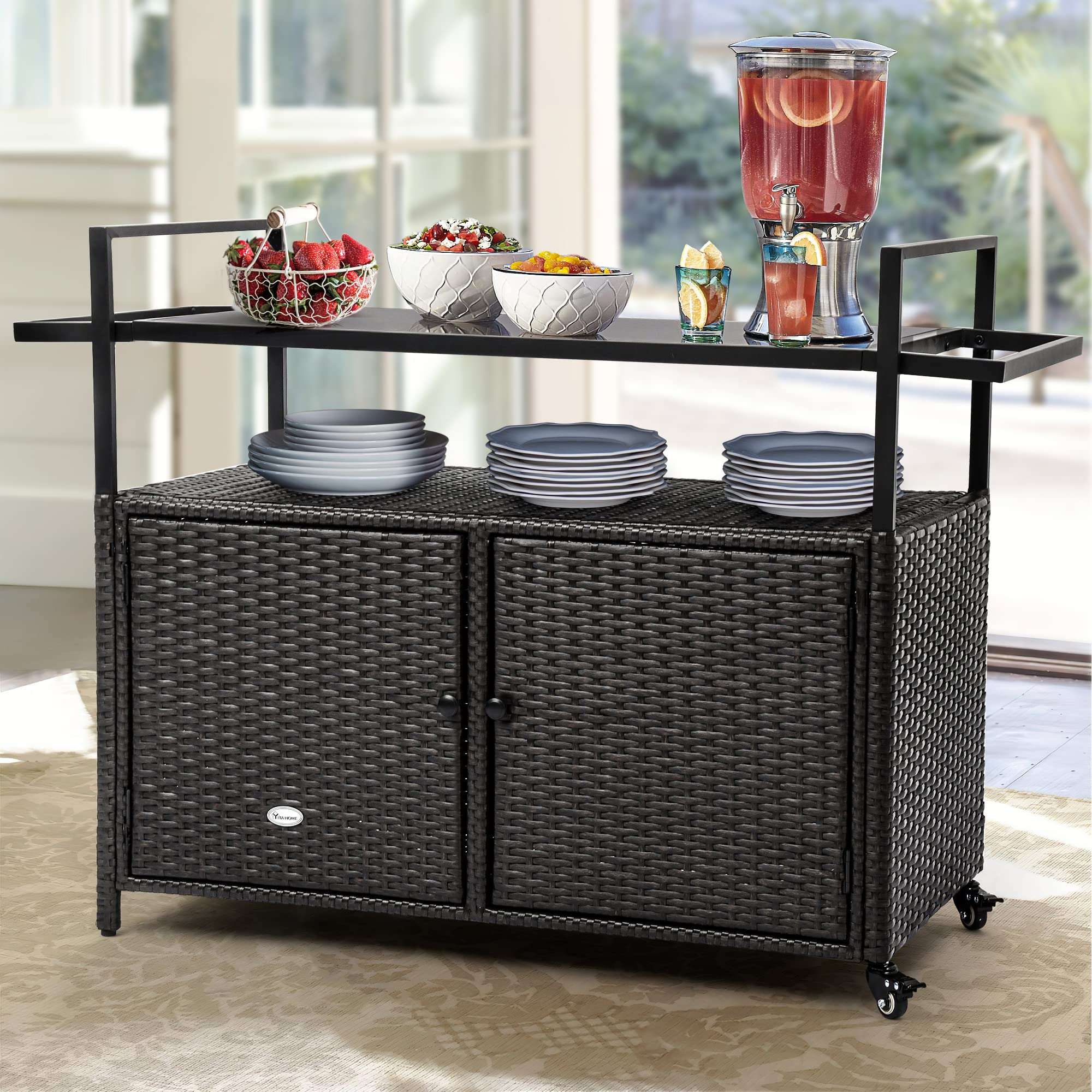 YITAHOME Large Portable Outdoor Wicker Bar Table