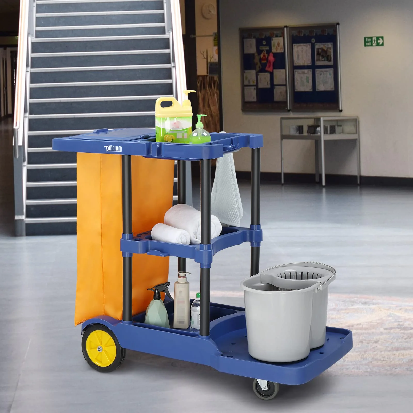 TUFFIOM Commercial Traditional Cleaning Janitorial 3-Shelf Cart